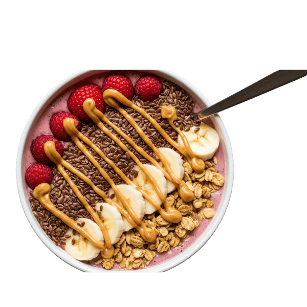 TIGELA DE AÇAÍ COM SEMENTES DE LINHAÇA, GRANOLA CROCANTE, GOJI BERRIES, RODELAS DE BANANA E CALDA DE MANTEIGA DE AMENDOIM 1