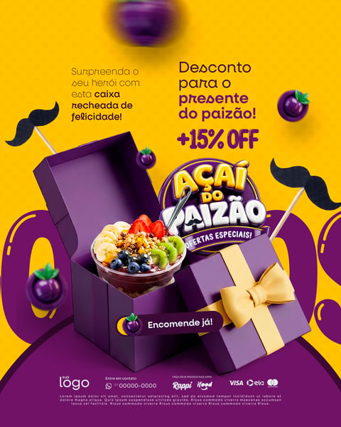 DESCONTO PRESENTE 15 OFF SURPREENDA SEU HERÓI AÇAITERIA AÇAÍ DIA DOS PAIS SOCIAL MEDIA PSD EDITÁVEL