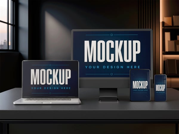 DISPOSITIVOS ELETRÔNICOS MOCKUP SOBRE MESA CONJUNTO FRONTAL