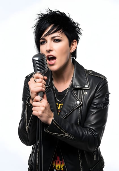 CANTORA DE ROCK PESADO COM JAQUETA DE COURO E MICROFONE 01