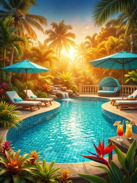 PISCINA EM RESORT TROPICAL COM ESPREGUIÇADEIRAS OMBRELONES AZUIS E VEGETAÇÃO EXÓTICA SOB A LUZ DO SOL 2