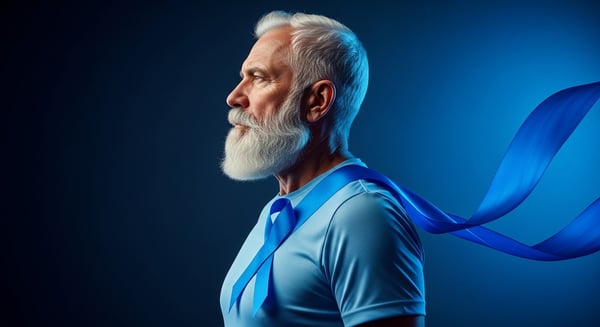 HOMEM SÊNIOR COM FITA AZUL SÍMBOLO DE CONSCIENTIZAÇÃO DO CÂNCER DE PRÓSTATA NOVEMBRO AZUL E SAÚDE MASCULINA