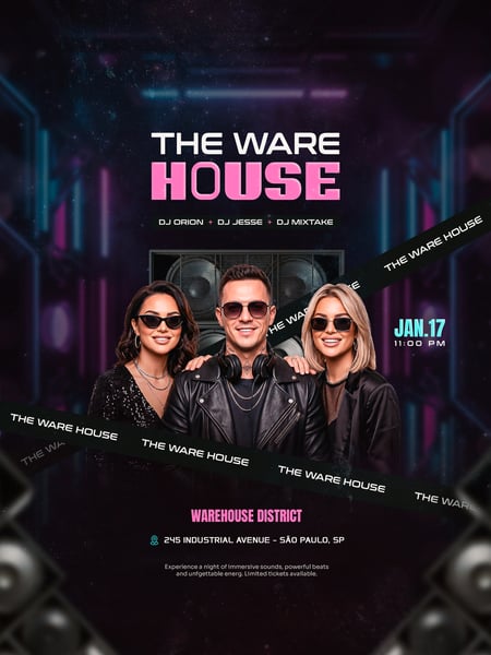 FLYER FESTA RAVE COM DJS THE WARE HOUSE PSD TEMPLATE