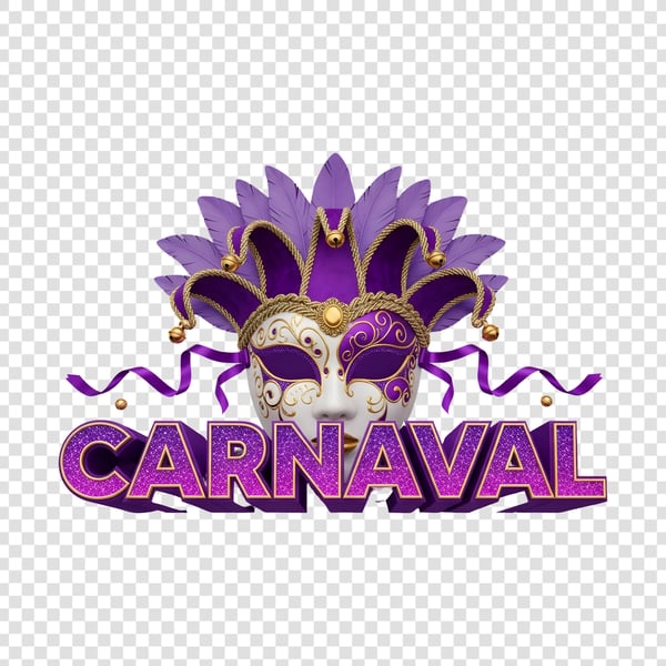 TEXTO COLORIDO ESTILIZADO PARA O CARNAVAL COM BRILHO E UMA MÁSCARA DE CARNAVAL ATRÁS SELO 3D 04