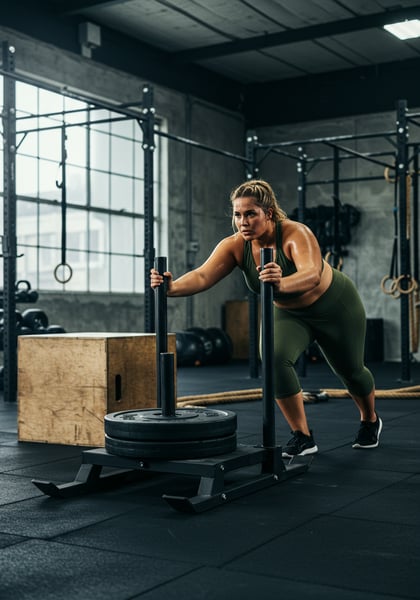 MULHER FORTE E DETERMINADA EMPURRANDO TREN COM PESO EM TREINO INTENSO DE CROSSFIT NA ACADEMIA TREINAMENTO DE FORA