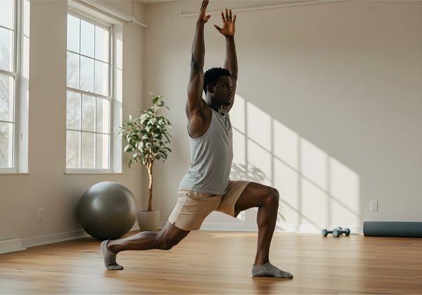 Homem negro jovem, em postura de yoga ou alongamento, com foco e concentração.