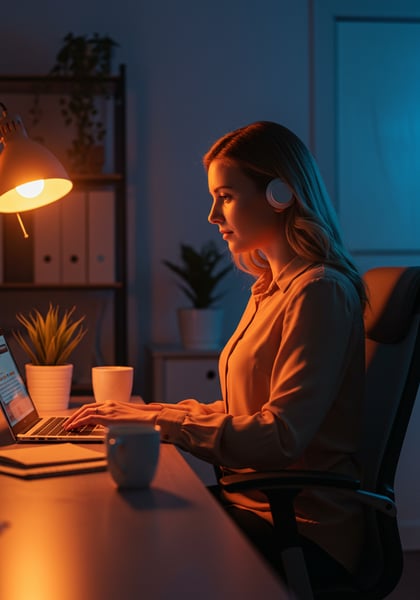 JOVEM MULHER TRABALHANDO REMOTAMENTE EM LAPTOP NO HOME OFFICE NOITE FOCADA COM FONES DE OUVIDO E LUZ DE MESA QUENTE