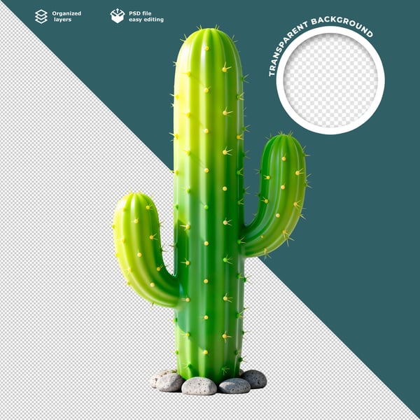3D RENDERED GREEN CACTUS PLANT ELEMENT WITH SPINES AND STONE BASE MODERN