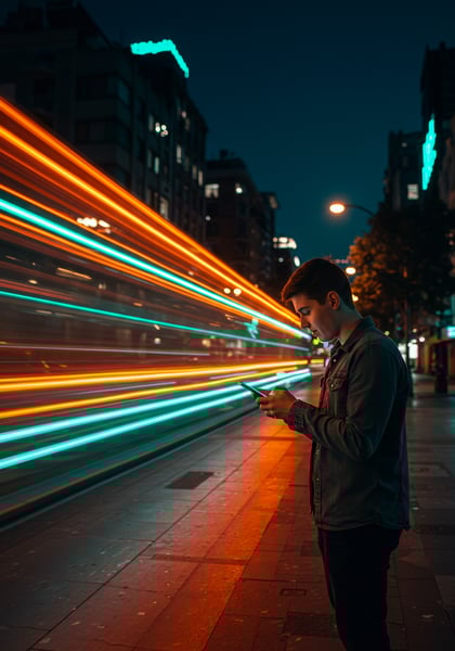 HOMEM JOVEM USANDO SMARTPHONE NOITE EM RUA DA CIDADE COM RASTROS DE LUZ VIBRANTES DE VEÍCULOS E ILUMINAÇÃO URBANA