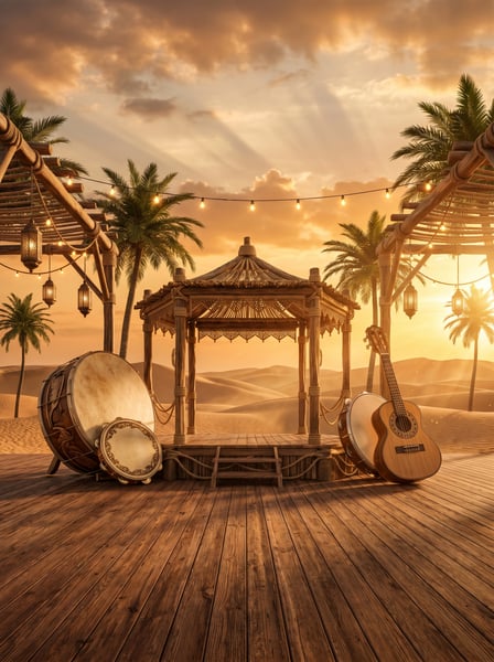 DECK RÚSTICO E INSTRUMENTOS AO PÔR DO SOL