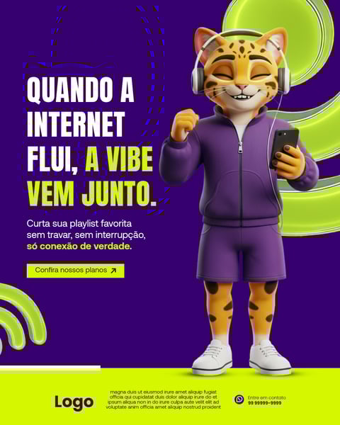 Jaguar Cartoon Feliz Com Fones De Ouvido Curtindo Música E Internet Rápida. Conexão De Verdade Para Streaming Sem Travar, Boa Vibe Digital Social Media PSD Editável