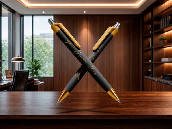 CANETAS ESFEROGRÁFICAS MOCKUP SOBRE MESA ESCRITÓRIO AO FUNDO