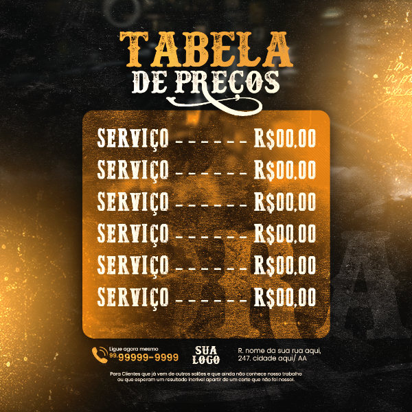 BARBEARIA SOCIAL MEDIA POST - TABELA DE PREÇO DE CORTES E SERVIÇOS