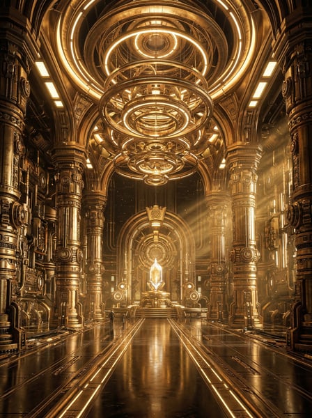 SALA DO TRONO FUTURISTA EM OURO COM PILARES MECÂNICOS E ESTRUTURAS CIRCULARES NO TETO