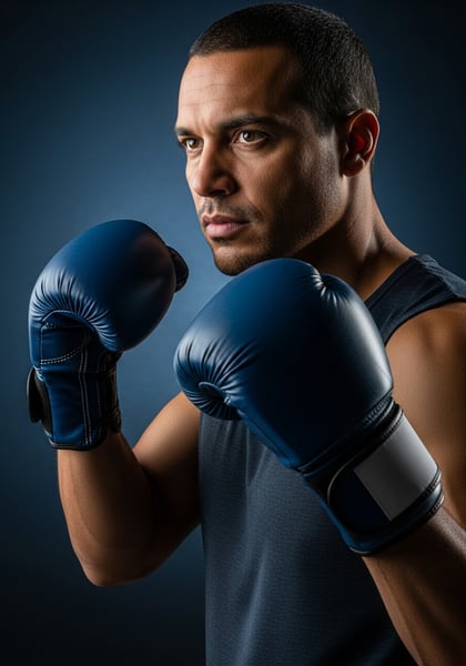 BOXEADOR FOCADO COM LUVAS AZUIS EM POSIÇÃO DE LUTA ATLETA MASCULINO DETERMINAÇÃO E FORA NO BOXE