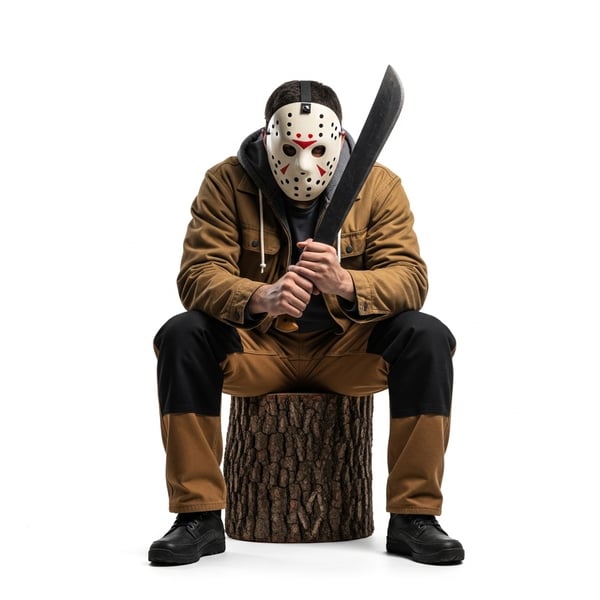 JASON SENTADO EM UM TRONCO DE ÁRVORE COM UM FACÃO NA MÃO PARA COMPOSIÇÃO HALLOWEEN