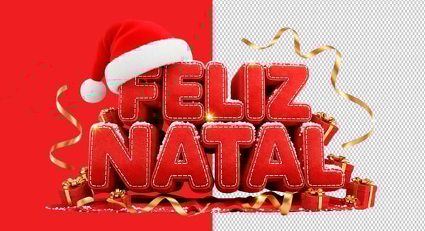 SELO 3D FELIZ NATAL COM GORRO DE NATAL PRESENTE E FITAS PNG TRANSPARENTE