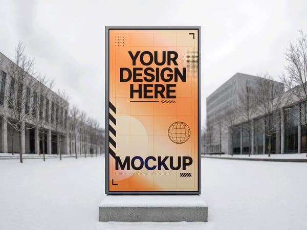 OUTDOOR MOCKUP EM PRAÇA COM NEVE VISTA FRONTAL