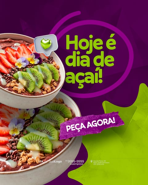 Hoje é Dia de Açaí Tigelas com Frutas e Flores Post para Redes Sociais PSD Editável