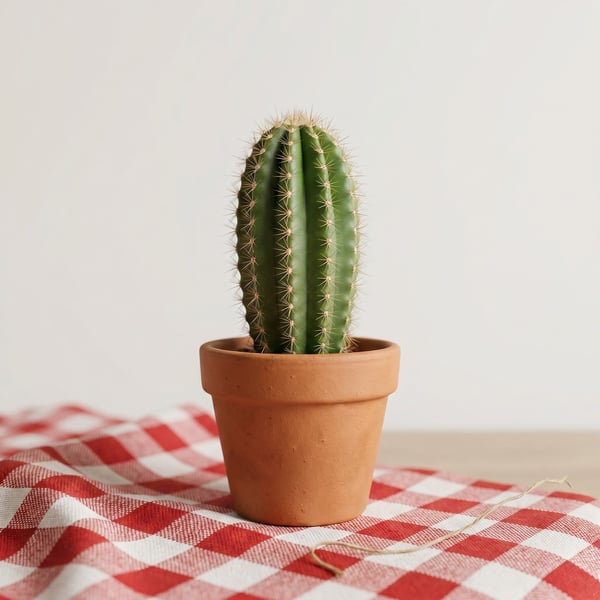 CACTO EM VASO EM CIMA DA MESA DE MADEIRA COM TECIDO XADREZ BRANCO E VERMELHO 02