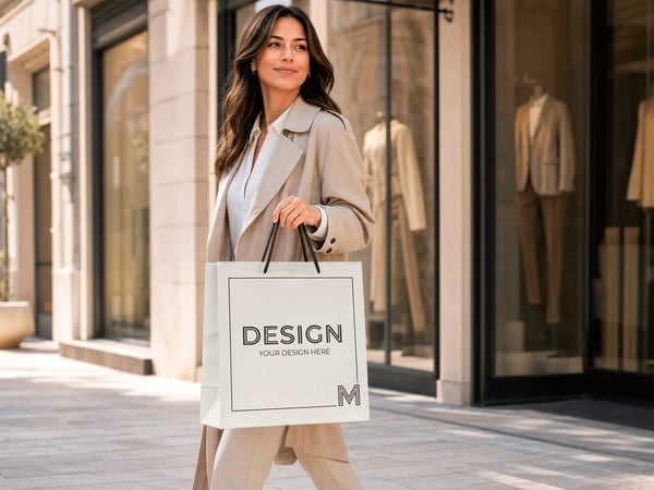 SACOLA DE COMPRAS MOCKUP EM MÃOS RUA DE BOUTIQUE AO FUNDO