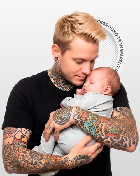 PAI LOIRO TATUADO SEGURANDO BEBÊ DORMINDO