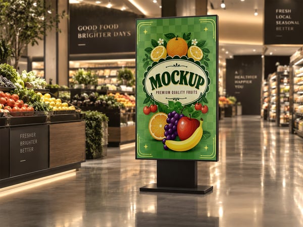 TELA DIGITAL MOCKUP EM MERCADO VISTA FRONTAL