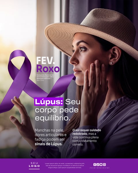 FEVEREIRO ROXO CAMPANHA DE CONSCIENTIZAÇÃO SOBRE DOENÇAS CRÔNICAS COMO ALZHEIMER FIBROMIALGIA E LÚPUS SOCIAL MEDIA PSD EDITÁVEL 3