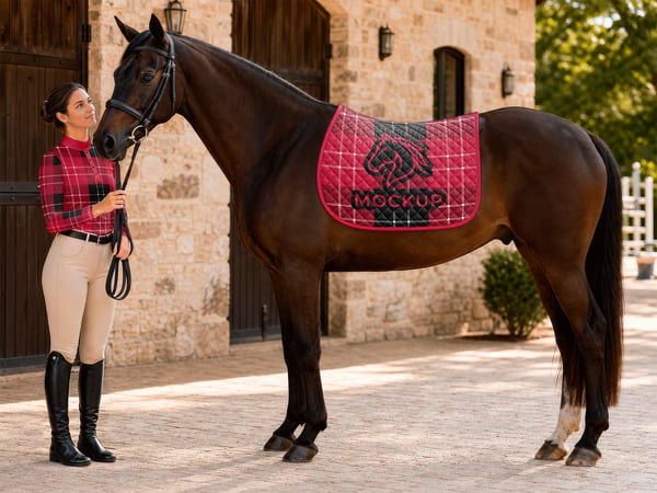 MANTA DE SELA MOCKUP EM CAVALO ESTÁBULO AO FUNDO