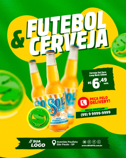 Futebol & Cerveja Oferta Sol Zero Delivery WhatsApp PSD Editável