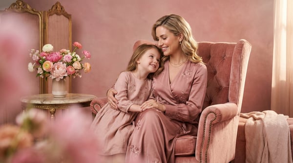 IMAGEM PARA COMPOSIÇÃO CINEMATOGRÁFICA MÃE ABRAÇANDO A FILHA EM UMA POLTRONA ELEGANTE FELIZES