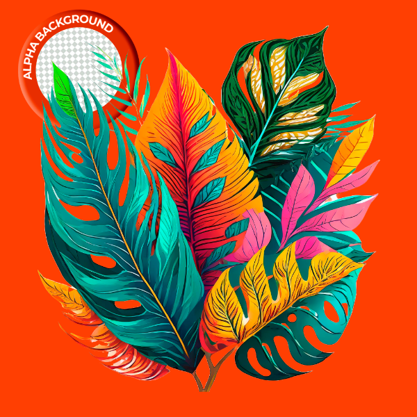 ELEMENTO FOLHAS TROPICAIS COLORIDAS PARA COMPOSIÇÃO PNG TRANSPARENTE SEM FUNDO