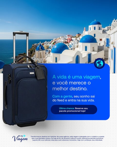 Santorini, Grécia: Sua Viagem De Sonho Com Mala Azul E Mar Social Media PSD Editável