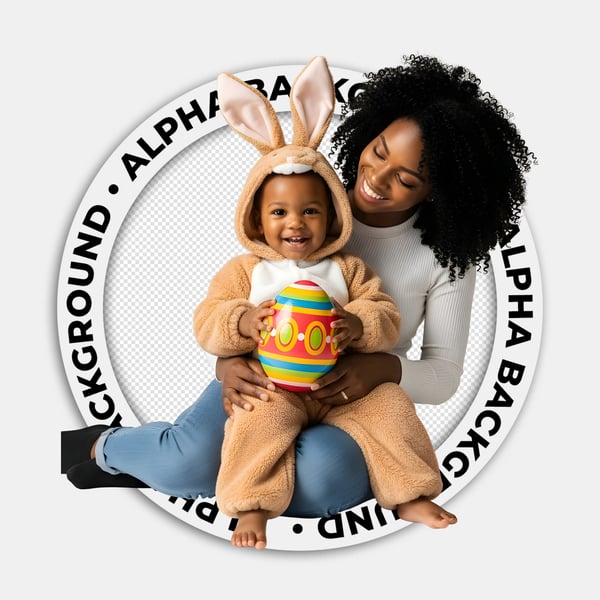 CRIANÇA NEGRA NO COLO DA MÃE NEGRA COM UMA FANTASIA DE COELHINHO DA PÁSCOA SENTADA SEGURANDO UM OVO DA PÁSCOA 03