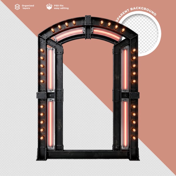 PORTA DECORATIVA 3D INDUSTRIAL COM LUZES NEON VERMELHAS E METAL POLICROMADO