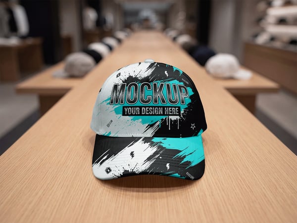 BONÉ MOCKUP SOBRE MESA LOJA AO FUNDO