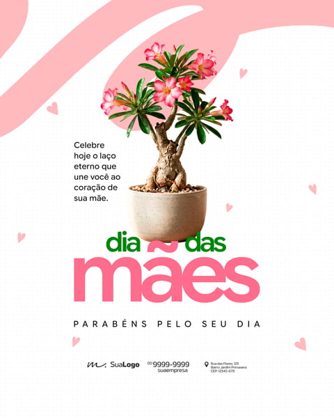 Template de post para rede social Dia das Mães com planta rosa do deserto no vaso e fundo rosa