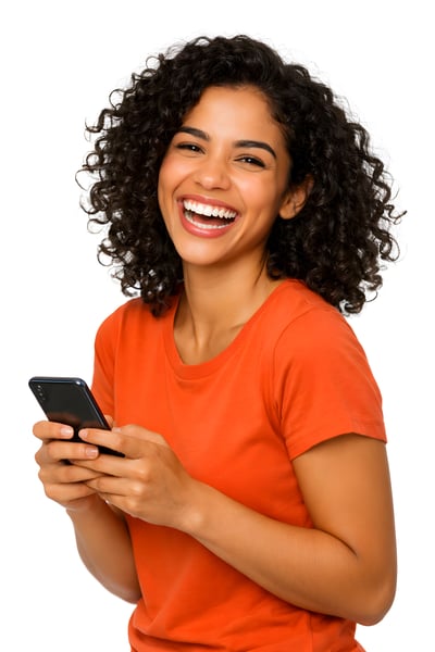 MULHER COM ROUPA LARANJA SEGURANDO UM CELULAR 03