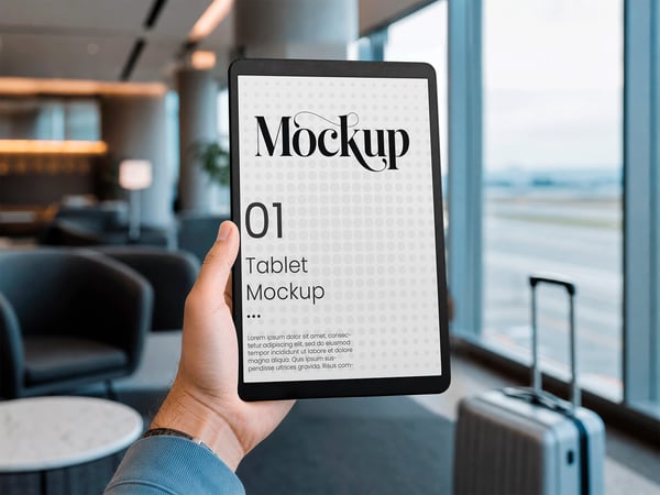 TABLET MOCKUP EM MÃOS NO LOUNGE DO AEROPORTO JANELA AO FUNDO