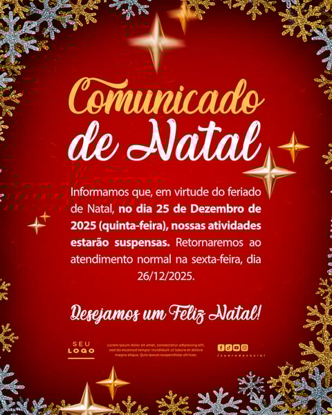 COMUNICADO DE NATAL AVISO ANÚNCIO RECESSO FERIADO SOCIAL MEDIA PSD EDITÁVEL 13