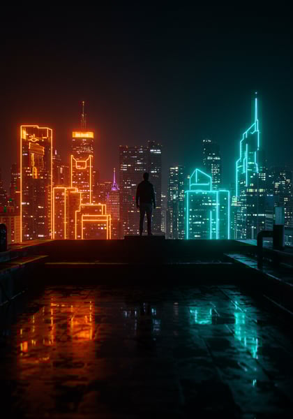CIDADE FUTURISTA NEON HOMEM EM TELHADO COM VISTA PARA METRÓPOLE CYBERPUNK DE LUZES LARANJA E AZUL