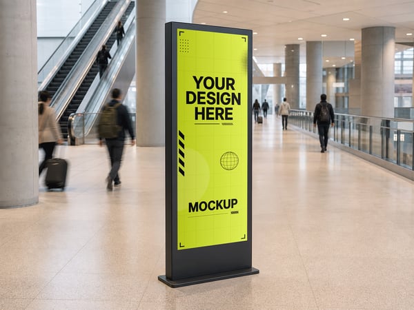 TOTEM PUBLICITÁRIO MOCKUP NO SAGUÃO DE TRANSPORTE VISTA FRONTAL