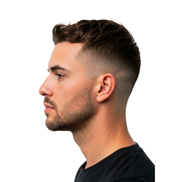 HOMEM BRANCO DE BLUSA PRETA VISTO DE LADO CORTE LOW FADE