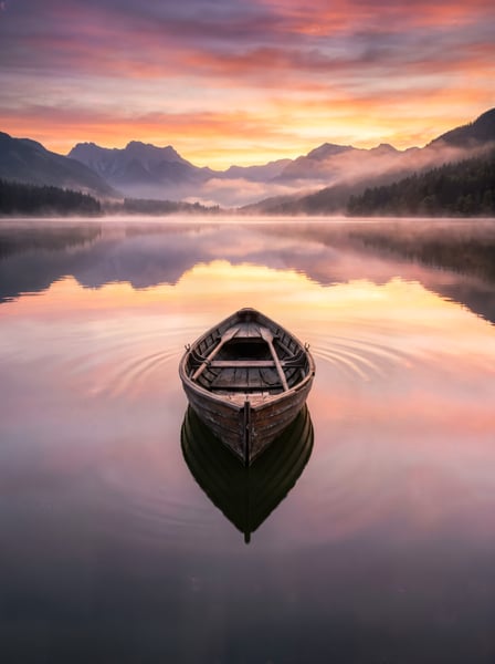 PAISAGEM LAGO AMANHECER BARCO SOL REFLETIDO 1