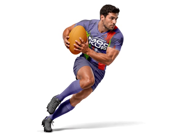 UNIFORME DE RUGBY MOCKUP EM JOGADOR CORRENDO BOLA EM MÃOS