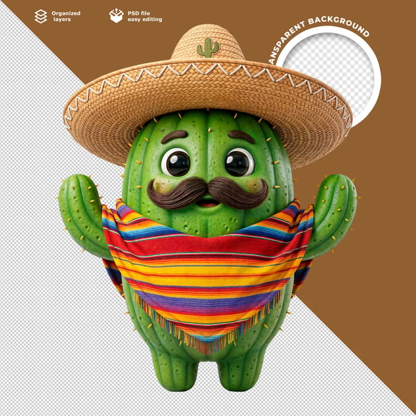 CUTE 3D MEXICAN CACTUS CHARACTER WITH SOMBRERO AND COLORFUL SERAPE PREMIUM