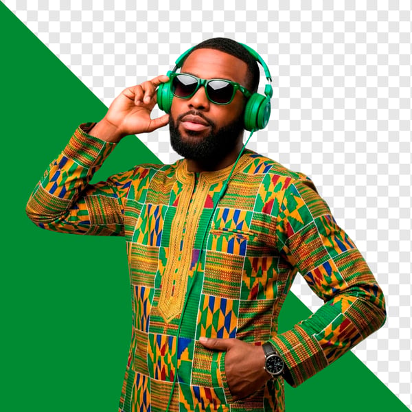 HOMEM NEGRO COM ROUPA ESTAMPADA TIPO DASHIKI FONES DE OUVIDO VERDES E ÓCULOS ESCUROS