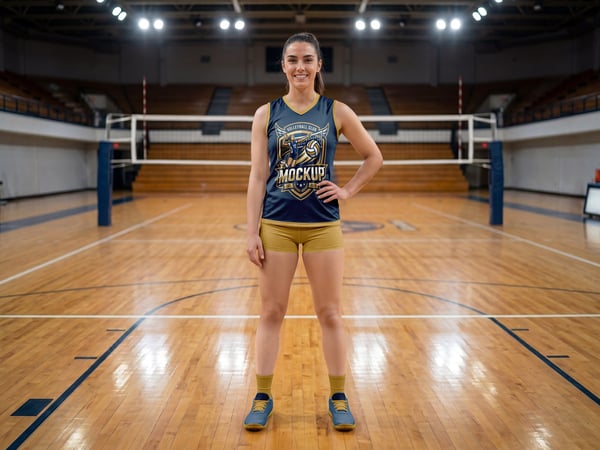 UNIFORME DE VÔLEI MOCKUP EM QUADRA JOGADORA AO FUNDO