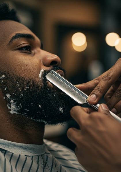 BARBEIRO USANDO NAVALHA CLÁSSICA PARA DEFINIR O CONTORNO DA BARBA DE UM HOMEM