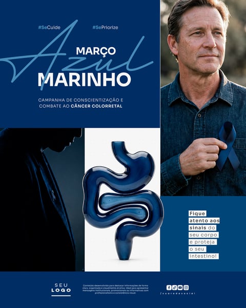 MARÇO AZUL MARINHO CAMPANHA DE CONSCIENTIZAÇÃO SOBRE PREVENÇÃO E DIAGNÓSTICO PRECOCE DO CÂNCER COLORRETAL SOCIAL MEDIA PSD EDITÁVEL 2